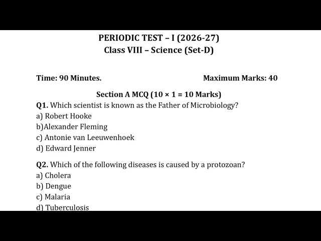 Class-8 Science (2) / Periodic Test-1 PT-1 Paper PM SHRI KENDRIYA VIDYALAYA Question Paper 2026-27 /
