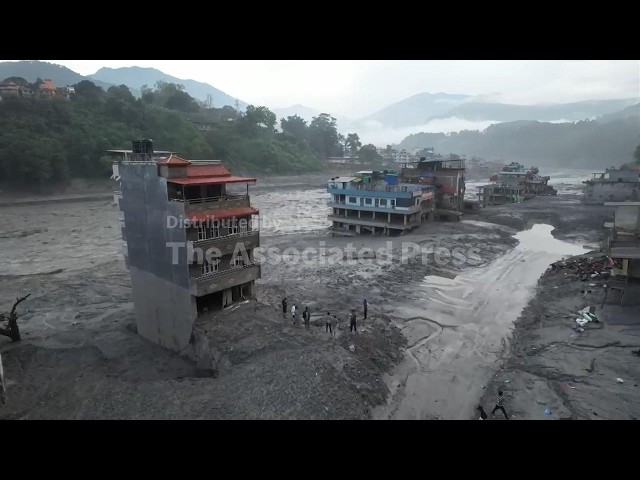 Aerials from Nuwakot, Nepal in aftermath of devastating flash floods shows river swelling