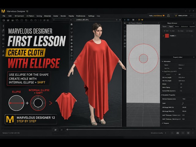 Marvelous Designer Beginner Tutorial | Cape Dress from an Ellipse Pattern