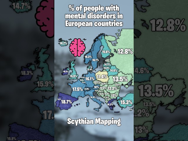 % of people with mental health disorders in European countries 🧠 #map #mapping #geography
