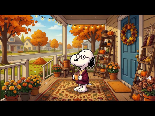 Snoopy's Cozy Autumn Porch Jazz ☕🍂 Warm Fall Vibes & Smooth Relaxing Tunes