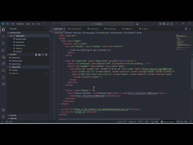 𝗕𝘂𝗶𝗹𝗱 𝗮𝗻 𝗔𝗜 𝗖𝗵𝗮𝘁𝗯𝗼𝘁 𝗟𝗶𝗸𝗲 𝗖𝗵𝗮𝘁𝗚𝗣𝗧 𝘂𝘀𝗶𝗻𝗴 𝗛𝗧𝗠𝗟 + 𝗖𝗦𝗦 + 𝗝𝗦 + 𝗦𝗶𝗺𝗽𝗹𝗲 𝗕𝗮𝗰𝗸𝗲𝗻𝗱(𝗣𝗛𝗣,𝗡𝗼𝗱𝗲𝗷𝘀,𝗣𝘆𝘁𝗵𝗼𝗻) - 𝗣𝗔𝗥𝗧 𝟮