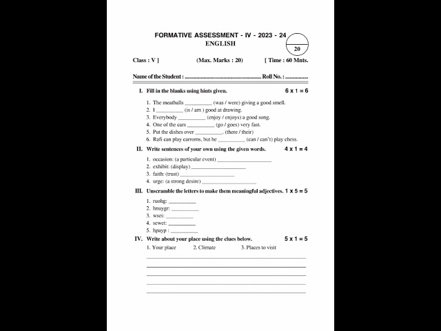 5th class FA4 English question paper 2023-2024