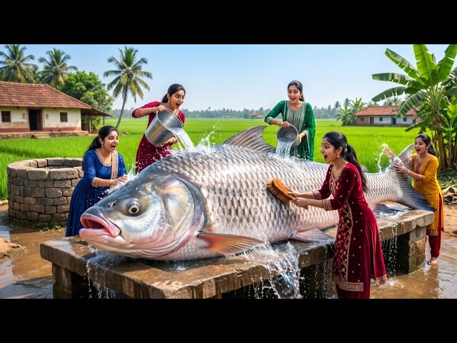 🐟 5 Village Girls Catch and Cook a Giant Fish! 🔥 #villagelife #fishing  #fish