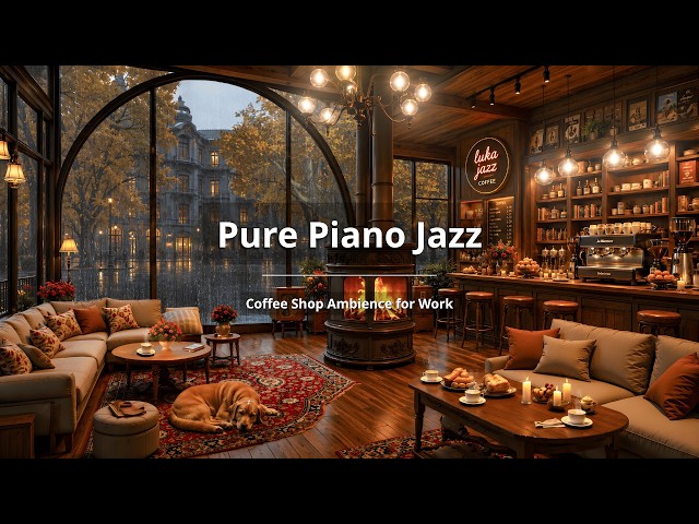 NO ADS | Gentle Piano, Rain & Fireplace Sounds for Work & Study and Smooth Jazz Music 🌧️