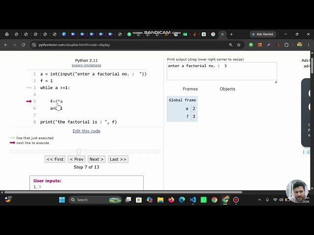 Find the Factorial of a Number Using While Loop | User Input | Python Tutor Code Execution