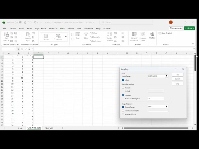 Ch8 V33 Simple random sample with replacement with MS Excel Data Analysis Toolpack