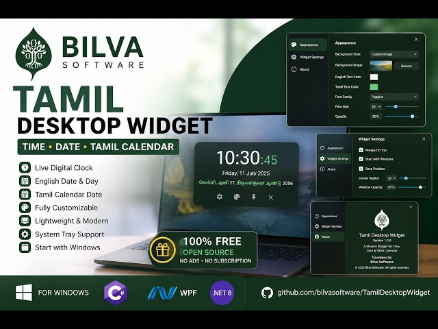 Tamil Desktop Widget | Live Clock, Tamil Calendar & Customizable Desktop Widget | Free Download