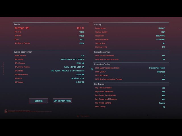Cyberpunk 2077 5060ti 16gb benchmark test with DLSS 4x 1440P (short)