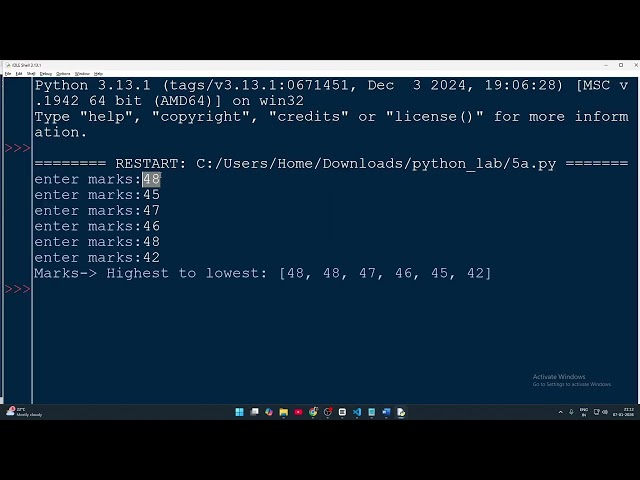 Python Program to Sort Marks Using Bubble Sort | VTU Question | 1BPLC105B | 5th Program