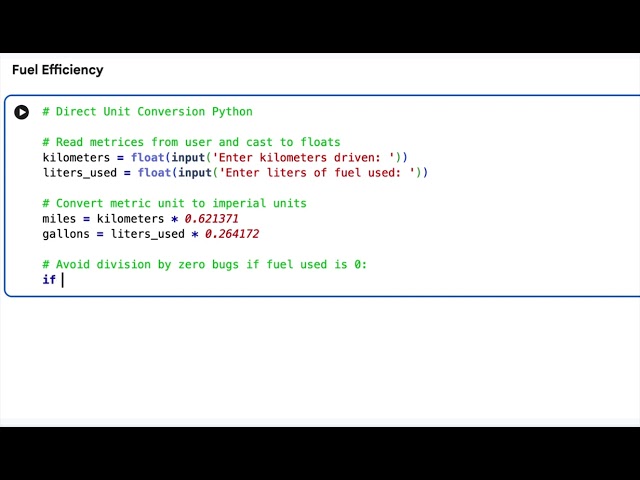 Python Code for Fuel Efficiency- metric unit to imperial units- using direct  unit conversion method