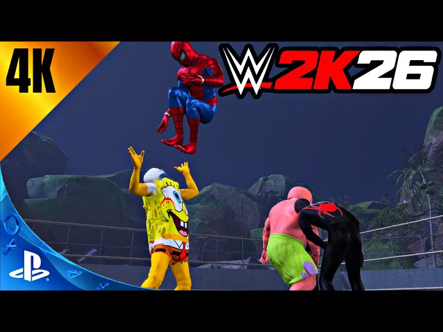 Spider-Man & Miles Morales vs SpongeBob & Patrick | Backstage Brawl Match – WWE 2K26 PS5 [4K]