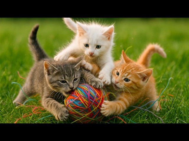 Adorable kittens scramble for balls of yarn on the grass - Cat sounds - Cat videos