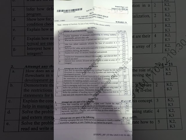 Aktu M.C.A 1 sem Problem Solving using C 2024-25 paper  #cprogramming #problemsolving