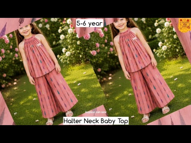 How to sew korean style halter neck baby top | Halter neck baby frock cutting and stitching 