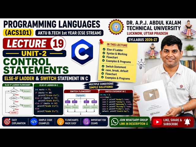 Programming Languages AKTU | Else-if Ladder & Switch Statement in C | Lecture 19 | ACS101 | AKTU