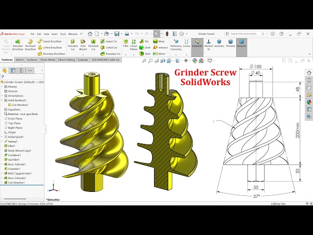 Grinder Screw Modeling in SolidWorks