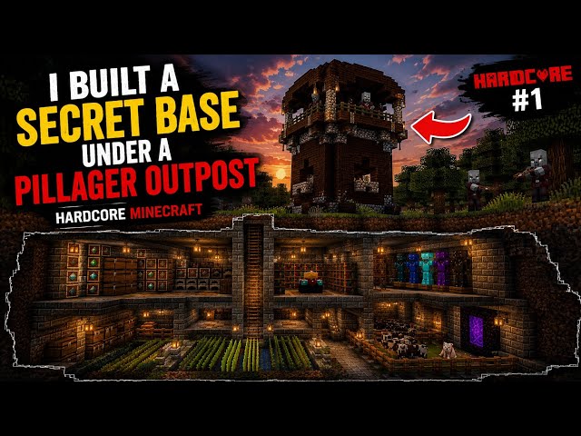 I BUILT A SECRET BASE UNDER A PILLAGER OUTPOST 👀 | HARDCORE MINECRAFT #1