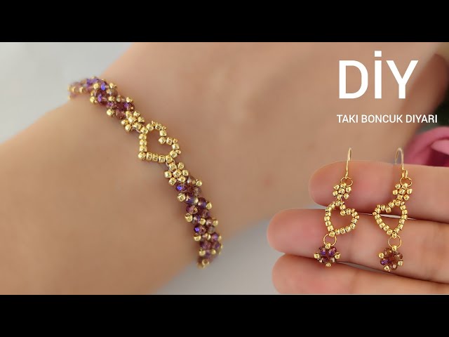 Minik kalpli zarif bileklik & küpe / Tiny heart stud earrings & bracelet. How to make beaded jewelry