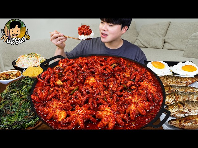 ASMR MUKBANG | fire noodles, spicy seafood, Grilled Fish korean home meal recipe ! eating