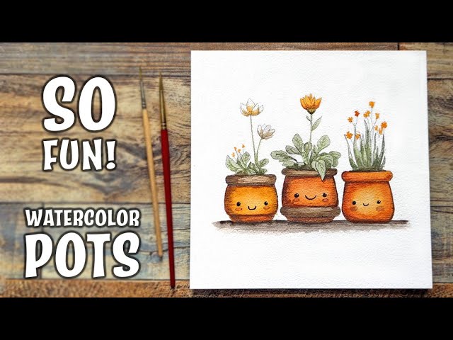Fun Watercolor Painting 🌿 Easy Beginner Tutorial | Cute Flower Pot Faces