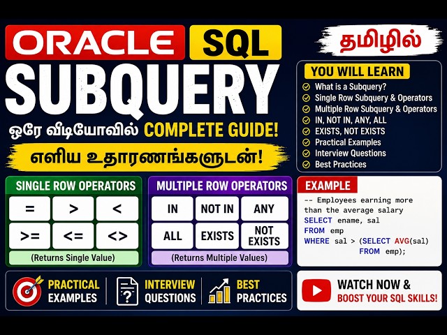 Oracle SQL Subqueries in Tamil | Single Row & Multiple Row Operators Explained