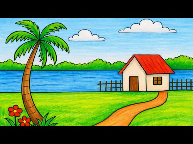 How to draw easy village scenery | Natural scenery drawing. Easy drawing. Beautiful scenery art