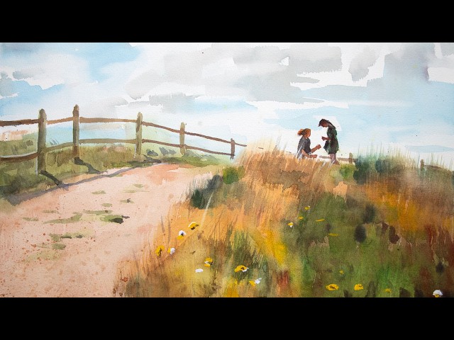 Watercolor Painting of Figures in Landscape