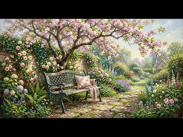 Secret Garden Bench in Spring Bloom — Peaceful Floral Ambience for Study, Rest & Quiet Afternoons
