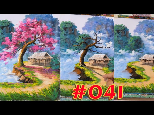 041 - How to Paint a Cherry Blossom Tree and Stilt House on a Mountain Under Sunlight 