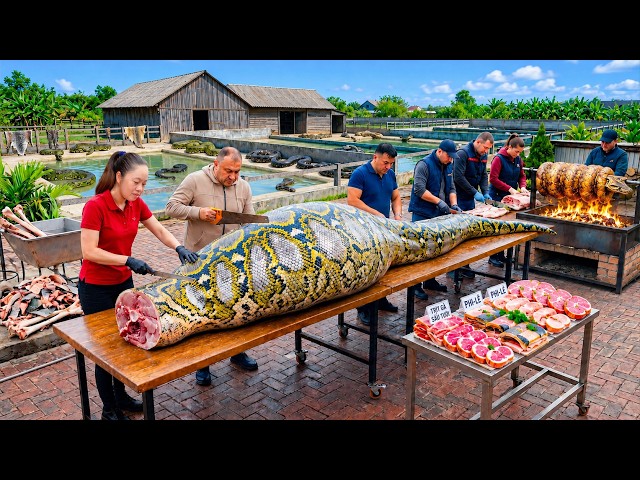 Harvesting a 180 Kg Giant Python the Traditional Village Way | How to make whole roasted python