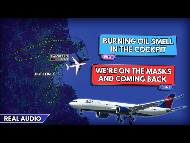Pilots are on oxygen. Fume event after takeoff. Delta Airbus A330-900 returns to Boston. Real ATC