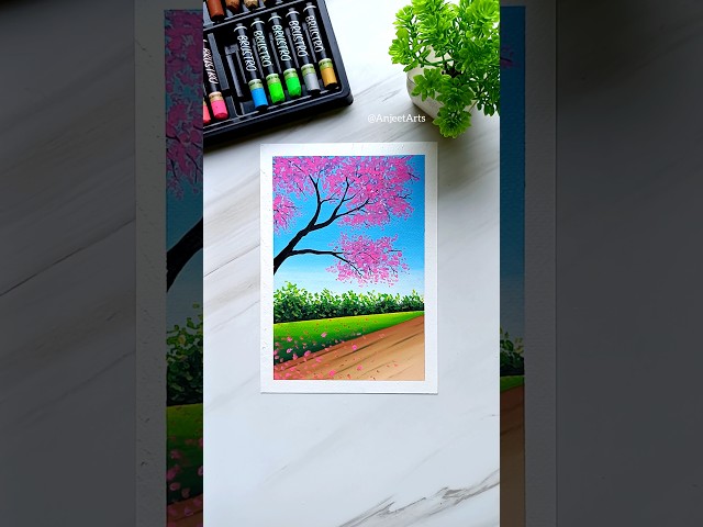 🌸 Easy Cherry Blossom Scenery | Oil Pastel Art #Shorts