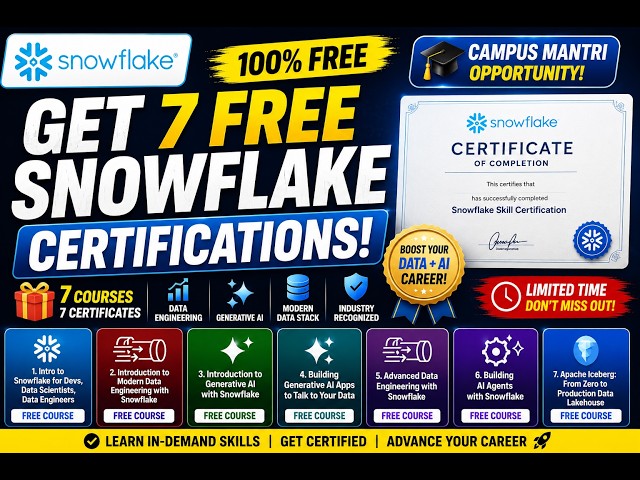 🚀 FREE Snowflake Certifications 2026 | 7 AI & Data Engineering Courses + Certificate
