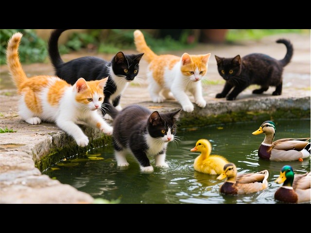 Cute kittens playing with ducklings - Cat sounds - Cat videos