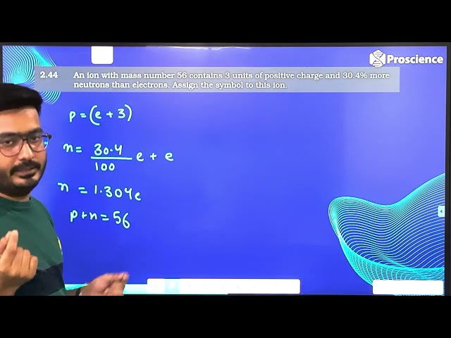 An ion with mass number 56 contains 3 units of positive charge and 30.4% more neutrons than electron
