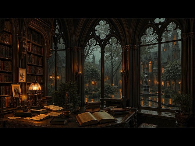 Gothic Library Window to Rainy Courtyard | Dark Academia Music for Reading, Writing & Sleep Ambience