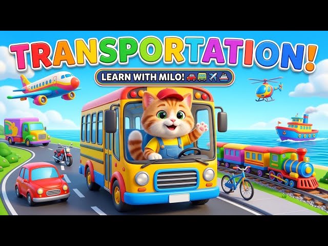 Milo’s Transportation Adventure! 🚗🚌✈️🚢 | Learn Vehicles for Kids | Fun Learning Video 🐱🌈