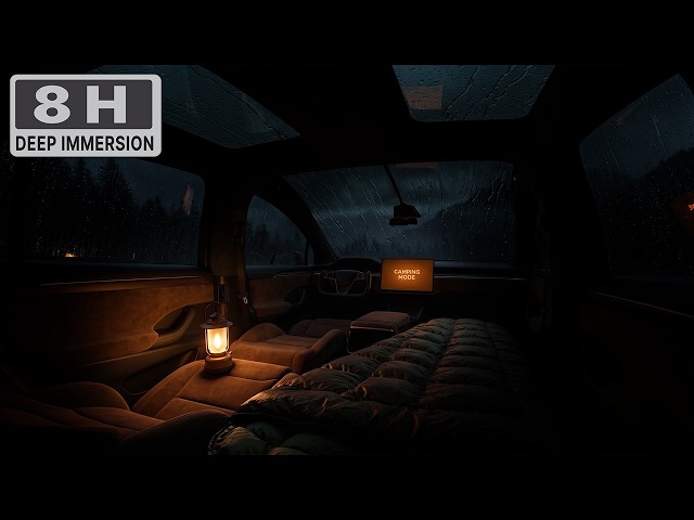 Cozy Glass Dome Car Camping & Pitch-Dark Storm | 8 Hours Rain on Roof Sounds for Deep Sleep