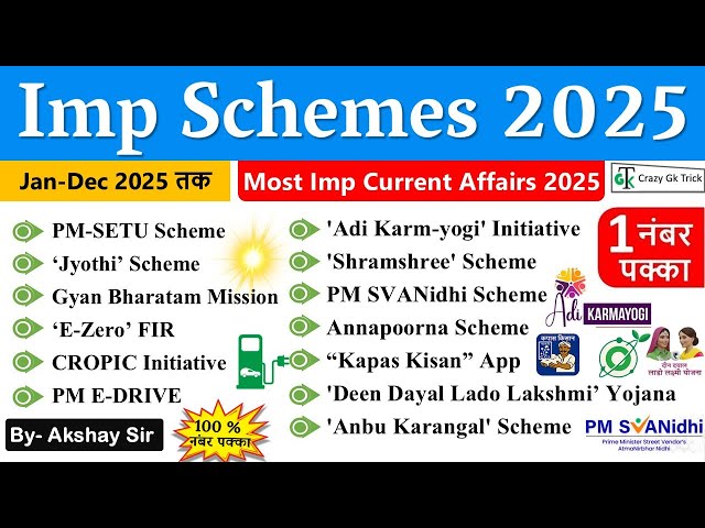 Current Affairs 2025| Imp Schemes | Imp Central & State Govt Schemes | Govt Scheme | CrazyGkTrick