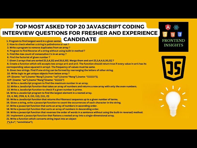 Most asked top 20 javascript coding interview question | Frontend Insights #javascriptinterview