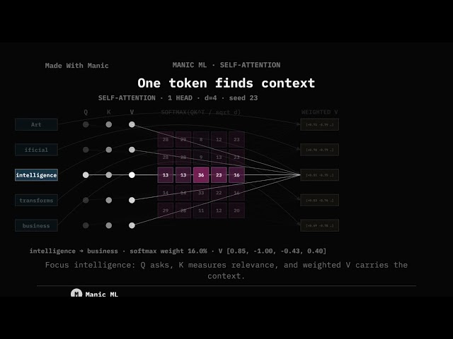 How Self-Attention Finds Context — One Transformer Head Visualized in Manic