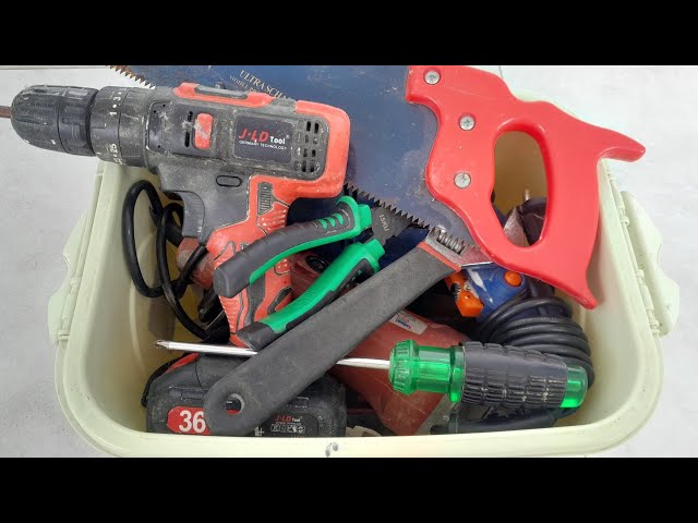 Engineering Tools Collection, Drill, Grinder, Hammer, Screwdriver, Pliers, Wrench, Cutting Pliers.