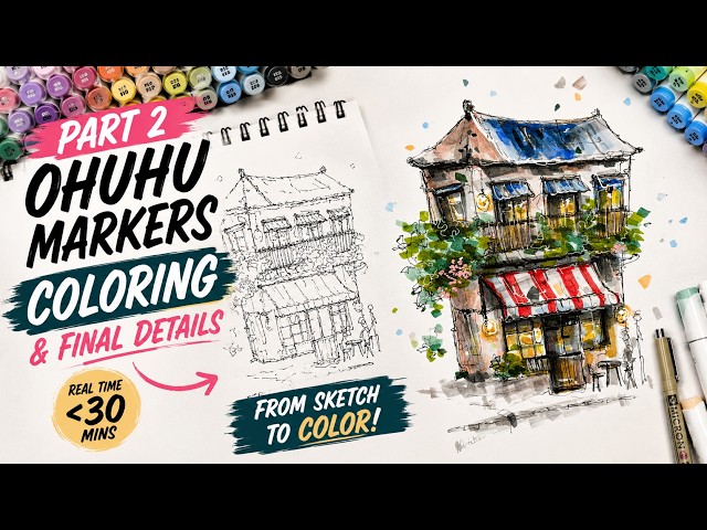 Coloring a House Sketch with Ohuhu Markers | Urban Sketch Part 2 (Real Time)