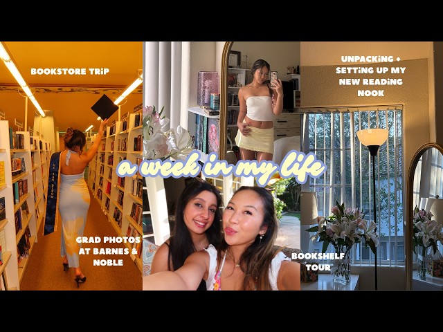 a bookish week in my life 🦋🎓| bookshelf tour, bookstore run, reading nook set-up, & more!