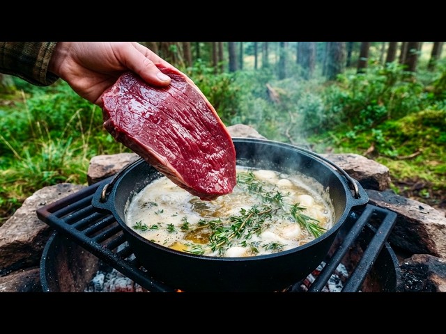 Butter-Basted STEAK on Hot Stone & Ash Potatoes | Campfire Cooking Outdoors (ASMR)