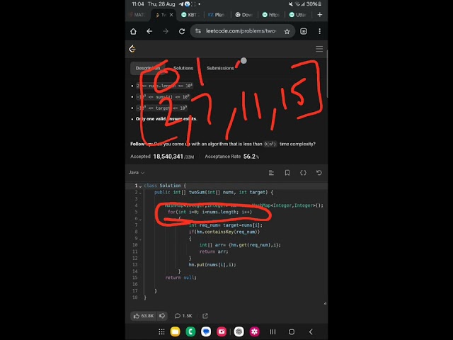 Leetcode Question 1 in Hindi|| Two sum || Dsa with java || 2 sum #leetcode #java #dsa #twosum 
