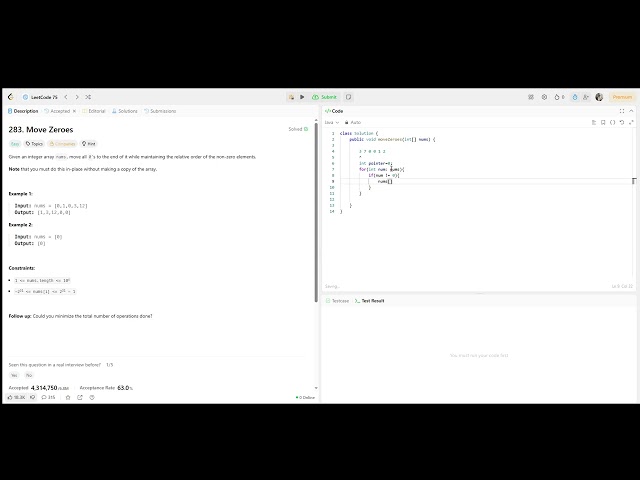 Leetcode 283. Move Zeros (Java)