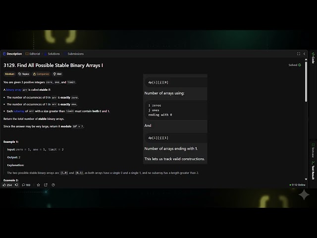 LeetCode 3129 Explained | Find All Possible Stable Binary Arrays I | Python