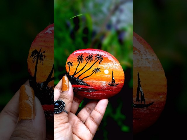 Easy Sunset painting on Pebble. #stoneart #pebbleart #sunset #diy #easyart #reels #acrylic #shorts.
